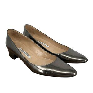 Manolo Blahnik Listony Leather Low Block Heel Pumps Silver Size 39.5 EU / 9.5 US